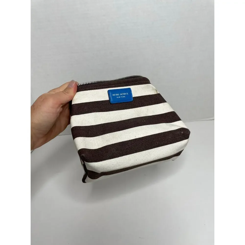 Henri Bendel Cosmetic Bag Brown White Stripe Blue Strap